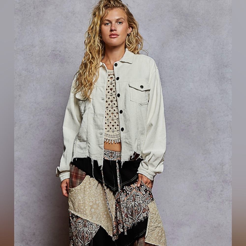 NEW POL Trucker Jacket White Corduroy Jacket Raw Hem Relaxed Fit New Item
